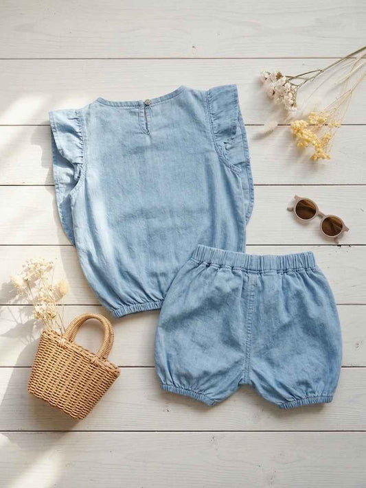 Infanté Chambray Ruffle Top & Bloomer Set