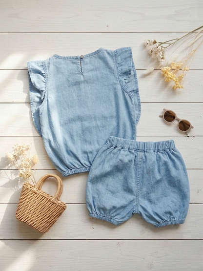 Infanté Chambray Ruffle Top & Bloomer Set