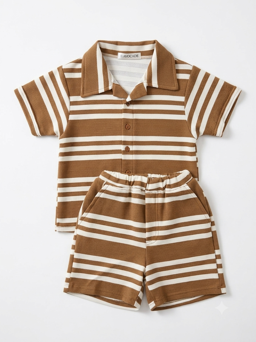 Infanté Theo Striped Knit Polo Set Caramel & Cream