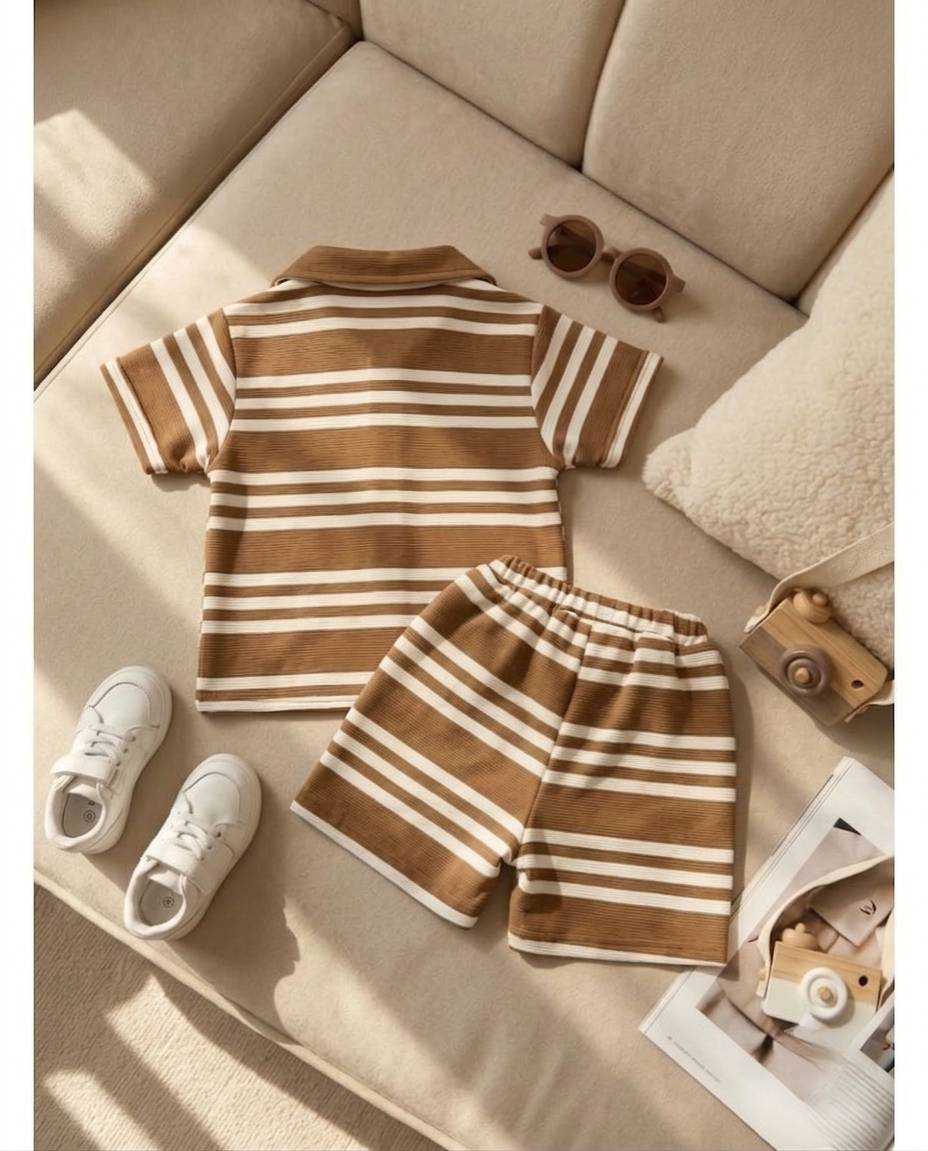 Infanté Theo Striped Knit Polo Set Caramel & Cream