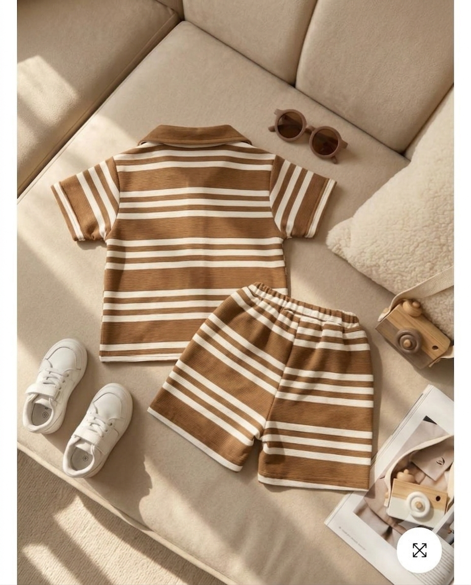 Infanté Theo Striped Knit Polo Set Caramel & Cream