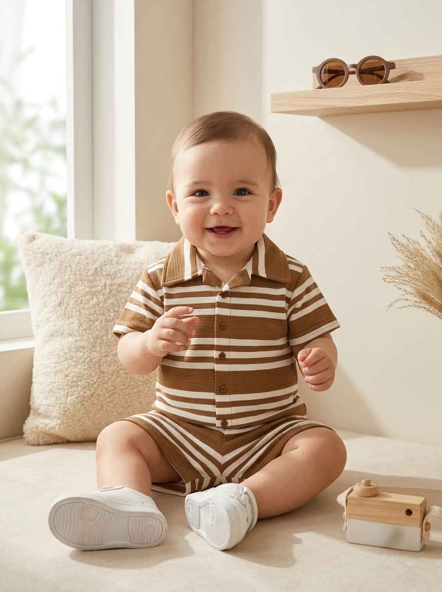 Infanté Theo Striped Knit Polo Set Caramel & Cream
