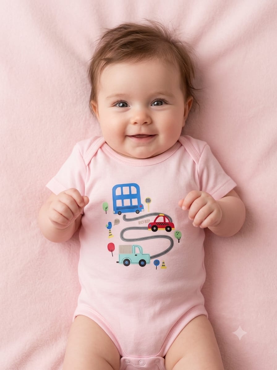 A baby lying on a pink blanket, wearing a light pink short-sleeve bodysuit with a colorful cartoon road-trip graphic featuring a blue bus, red car, green truck, and winding gray road.