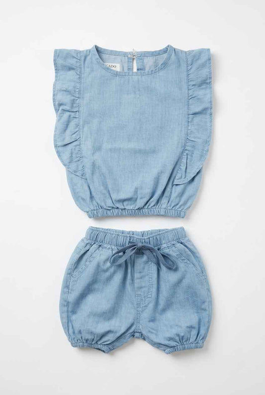 Infanté Chambray Ruffle Top & Bloomer Set
