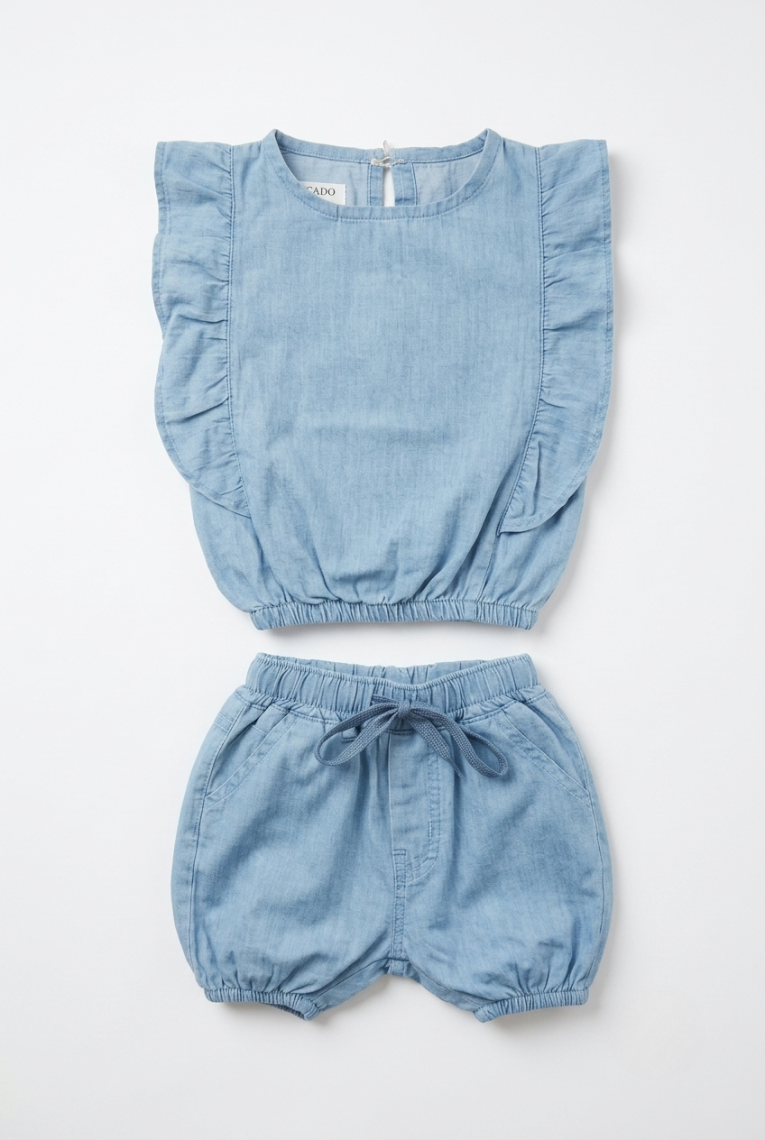 Infanté Chambray Ruffle Top & Bloomer Set