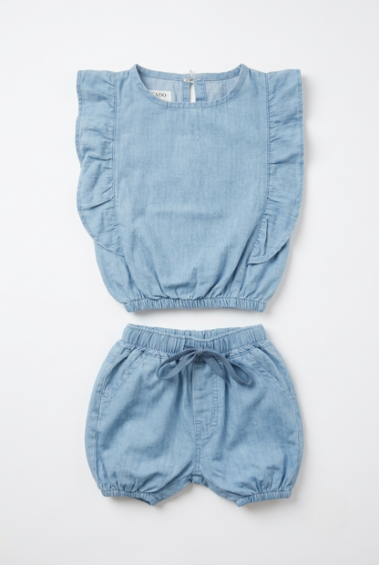 Infanté Chambray Ruffle Top & Bloomer Set